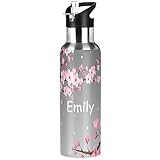Personalized Custom Name Insulated Girls Water Bottles, Japanese Oriental Cherry Blossom Vacuum Stainless Steel Thermos Mug with Straw Lid & Handle 20 oz