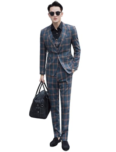 Men's Checked Suit Three Pieces One Button Christmas Casual Tuxedo Jacket Vest Pants