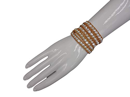 Mgr My Gems Rock! Cultured Fresh Water Pearl Beaded On Genuine Leather Boho Style Leather Wrap Bracelet Super Wrap Bracelet 35" Long, Up To 5 Wraps-White Cultured Fresh Water Pearl And Beige Leather. #TOP4