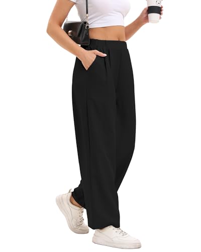 DGSHIRLDJO Weite Hose Damen Sommer Lässig Gerade Stoffhose Hohe Taille Lounge Elegante Business Hosen mit Taschen(M,Schw...