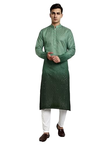 Image of Vardha Men's Cotton Chikankari Embroidered Kurta with Full Sleeves and Knee Length Design and Elegant Sequence Work | Kurta for Men