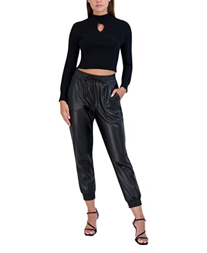 Bcbgeneration Women's Fitted Long Sleeve Sweater Mock Neck Front Keyhole Cross Over Top, Black, Small #TOP3