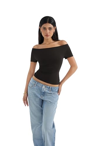 SUUKSESS Women Off The Shoulder Short Sleeve Tops Trendy Cowl Neck Going Out Basic T Shirt2