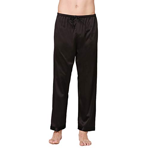 Men's Silk Satin Pajama Bottoms Pants Sleep Soft Long Classic Pajama Trousers Solid Lounging Pants Black XL