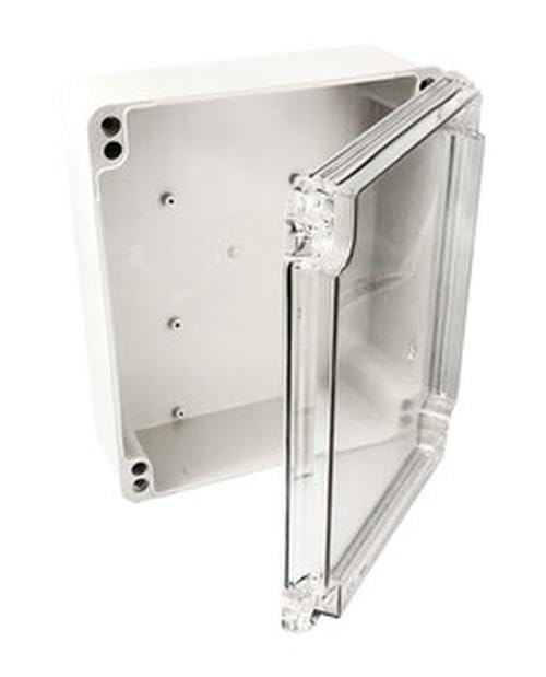 Caja estanca 300x265x130mm con puerta transp, ideal para protección en entornos húmedos y almacenamiento seguro de equipos.