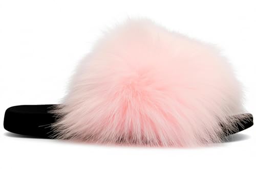 Image of Faux Fur Slides for Women, Fuzzy Slippers Fluffy Sandals Furry House Shoes Indoor Outdoor