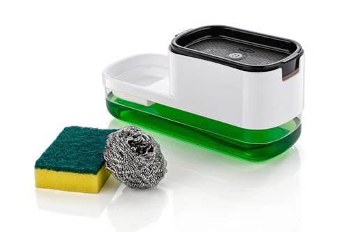 Image of MARKWELL Plastic Soap Dispenser for Sink | 2-in-1 Liquid Dishwash Dispenser with Sponge Holder & Steel Scrubber | Steel Scrubber | 3-in-1 soap Dispenser | Sink Organizer, Durable & Rustproof