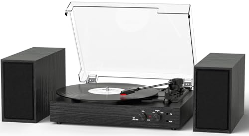 TANLANIN Bluetooth Record Player with Stackable External Speakers,MP3 PC Encoding, Vintage 3-Speed Turntable with AUX Input, RCA Out, Headphone Jack, Black Wood