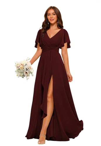 Women's Chiffon Bridesmaid Dresses 2025 with Slit Short Sleeves Formal Evening Dress PU171