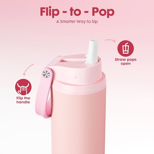 Image of Meoky 24 oz Insulated Stainless Steel Water Bottle: Flip-to-Pop Straw, Leak Proof, 24H Cold, Wide Mouth, BPA-Free, Non-slip Base, Travel Water Bottle for Women School Backpack Car, Candy