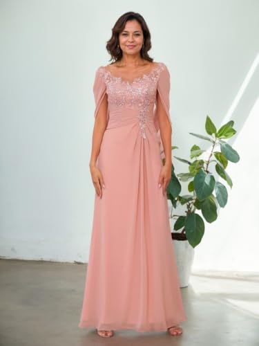 Cape Scoop Neck Mother of The Bride Dresses for Women Lace Appliques Chiffon Formal Evening Gown with Fake Sleeves3