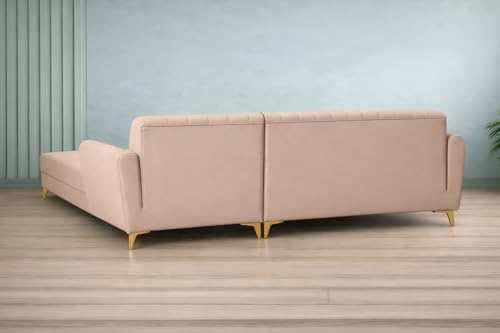 Image of Adorn India Premium Luster 6 Seater L Shape Sofa Set | Velvet Suede Fabric | 3-Year Warranty | RHS |Color Beige with Golden Legs & Striped Pattern Cushion