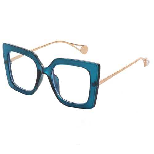 Image of Oversized Square Blue Light Blocking Glasses for Women Thick Fashion Pearl Inlay Arm Eyewear Computer Eyeglasses