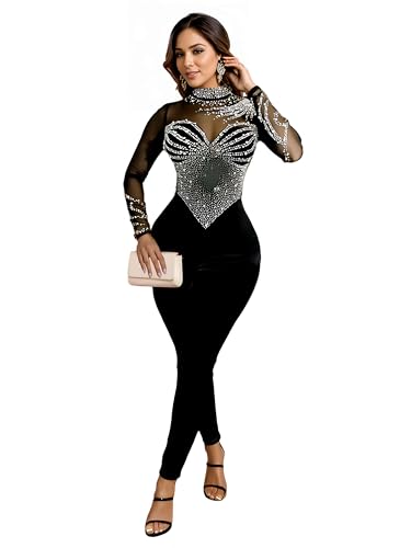 Figdaw Sexy Glitter Jumpsuits Birthday Club Outfits Sparkly Rhinestone Mesh Jumpsuit for Women Clubwear Party Night,Black,XL,C6912