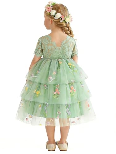 Coedody Toddler Flower Girl Dress 2-8Y Embroidered Lace Back V-Neck Tulle Dress for Party Wedding Tea Party