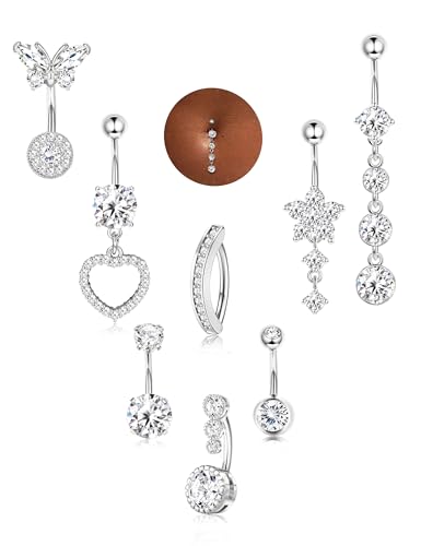 ORAZIO Silver Belly Button Ring Dangle Hypoallergenic Surgical Stainless Steel Belly Rings for Women 14G Belly Button Piercing Cute Navel Ring Belly Piercing Jewelry