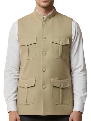 Image of LATEST CHIKAN Men's Nehru Jacket | Ethnic Waistcoat with Mandarin Collar | Premium Textured Fabric | Party, Wedding