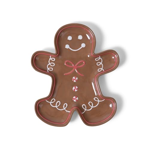 Mary Square Festive Cute Holiday Embossed Gingerbread Man Christmas 11 x 17 Ceramic Charcuterie Serving Party Platter Appetizer Tray