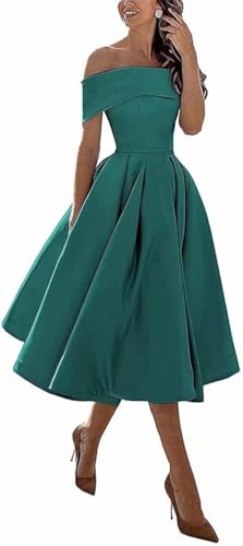 Image of Knee-Length Satin Off Shoulder Homecoming Dress Short Prom Cocktail Party Dress for Junior