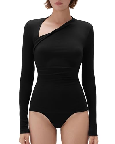 SUUKSESS Modal Cashmere Long Sleeve T Shirts for Women Ultralight Fall Fashion 2025 Trendy Asymmetric Neck Casual Tops