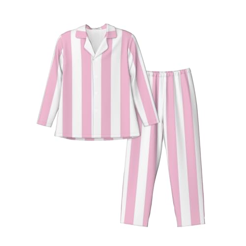 Pink And White Stripes Mens Pajamas Set Button Down Sleepwear Set Long Sleeve Loungewear With Pockets3