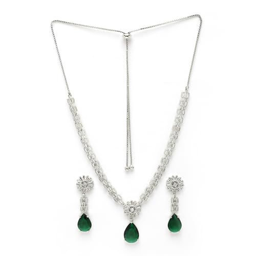 Image of ZENEME Rhodium Plated Brass Silver Toned Luxurious Sparkle Pink Necklace & Earring Jewellery Set For Women & Girls