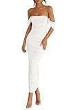 PRETTYGARDEN Womens 2025 Summer Off The Shoulder Dress Ruched Bodycon Sleeveless Split Cocktail Party Maxi Dresses (White,Medium)