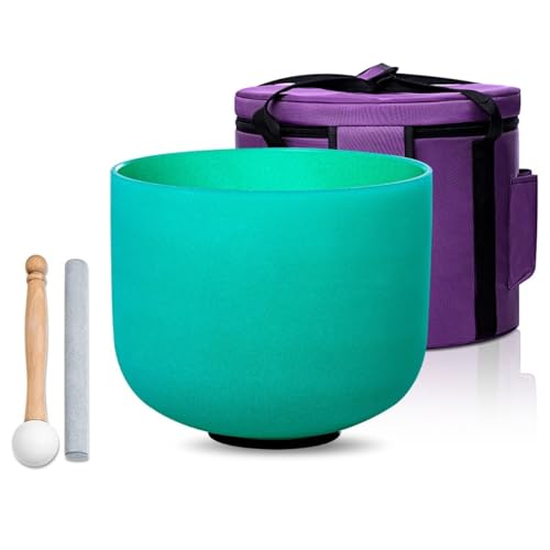 SOUNDELLO 10 Inch 432hz Green F Note Heart Chakra Quartz Crystal Singing Bowl for Healing Mindfulness Meditation Yoga Sound Baths with Case Rubber Mallet