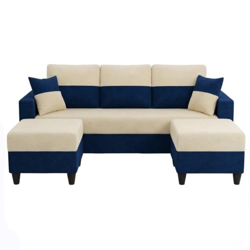 Image of Cavo 5 Seater L Shape Sofa Set with 2 Movable Ottomans | Flexible Layout | Luxury Velvet Suede Fabric | Modern Living Room Sofa | Dark Blue-Cream