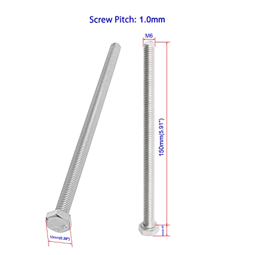 Image of 4 Pcs, SUS304 M6 x 150mm Hex Head Bolts Screws, Strength Grade A2-70 (Grade 5.8), Fully Threaded Plain Finish