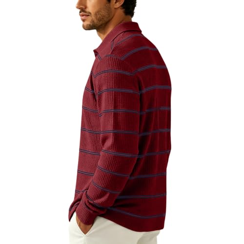 Mens Rugby Shirts Long Sleeve Collared Henley Button Mens Waffle Knit Shirt | Waffle Knit, Striped, Smart‑Casual, Oversized, Thermal Warm, Skin‑Friendly, Drop Shoulder, Fall Winter, Relaxed Fit - image 3