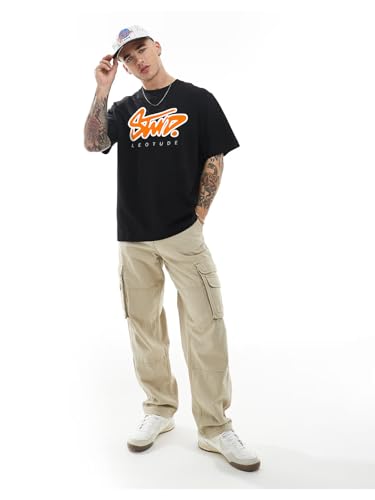 Image of LEOTUDE Half Sleeve Oversized Tshirt for Men, Round Neck Cottonblend Drop Shoulder Printed T-Shirt (Black Color)
