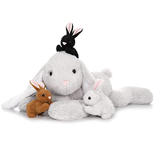 MorisMos groß hase plüschtier Kuscheltier XXL, 60cm lang Riesen Hase Kaninchen mit 3 Baby Bunny, Weich Plüschhase Stofftier Puppe, Geburtstag Weihnachten Geschenk Kinder Jungen Mädchen