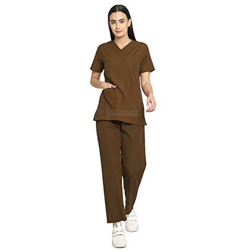 Image of IS IndoSurgicals Faux Wrap Scrub Suits for Doctors Women OT Dress (XXXXL, Brown)