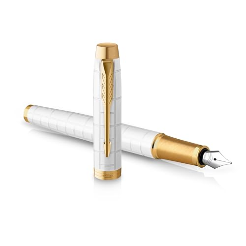 Parker IM Füller | Perlfarbene Premium-Lackierung mit goldenen Zierteilen | Füllfederhalter mit feiner Feder und blauer Tinte | Geschenkbox
