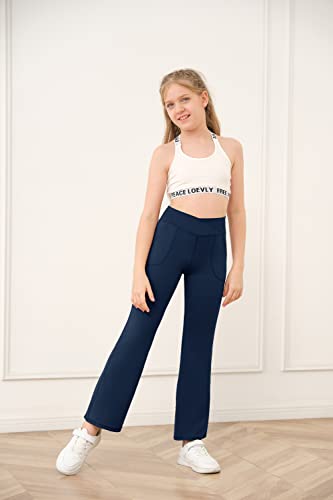 Youth Girls' Athletic Dance Leggings V Crossover Wide Leg Kids Yoga Pants Running Workout Tights With Side Pockets #TOP1