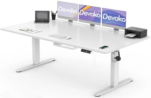 Devoko Bureau Assis Debout Électrique 200×80cm, Bureau Électrique avec Chargeur USB, Organiseur de Câbles et 3 Positions Mémorisables, Bureau Réglable en Hauteur...