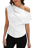 CUPSHE Women’s Tops Asymmetrical Off-Shoulder Shirt Sleeveless Ruching Satin Blouses Elegant Trendy Dressy White M