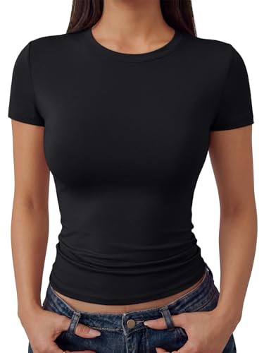Trendy Queen Double Lined Short Sleeve Tops for Women Compression Crop Tees Basic Slim Fit Y2K Going Out Workout T Shirts Black M