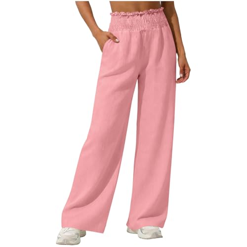 Kids Wide Leg Dress Pants Breathable Summer Smocked Elastic High Waisted Beach Pants with Pockets for 5-15 Years