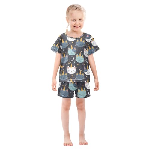 ALAZA Cat Unicorn Star Moon Pajamas Set Short Sleeve Cotton Sleepwear Summer Pjs 2 Piece 5-14Y3