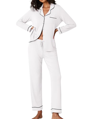 Image of Ekouaer Pajamas Women's Long Sleeve Sleepwear Soft Button Down Loungewear Pjs Lounge Set Nightwear XS-XXL