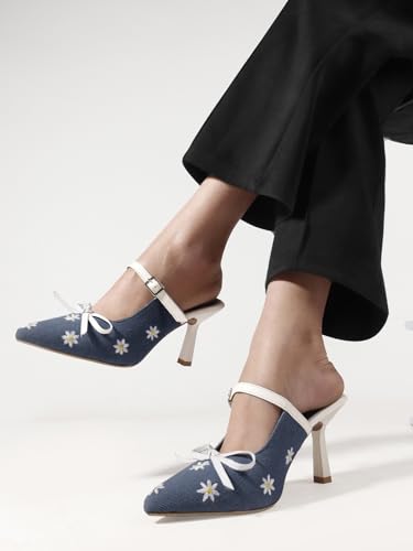 Image of TRYME Denim Embroidered Mules Style Bow Pointed Toe Slip-on Stilettos Heel Sandals for Womens and Girls
