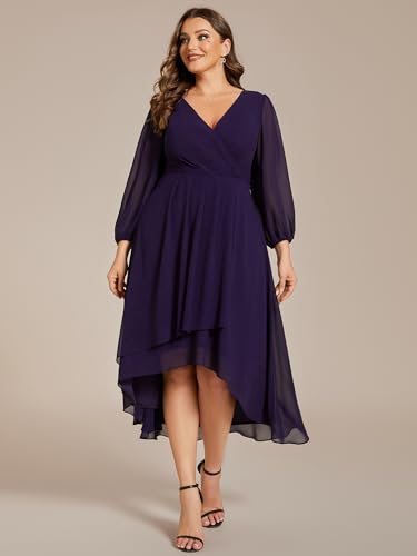 Ever-Pretty Women's A Line V Neck Chiffon Midi Plus Size Semi Formal Wedding Guest Dresses with Sleeves 01926-DA4