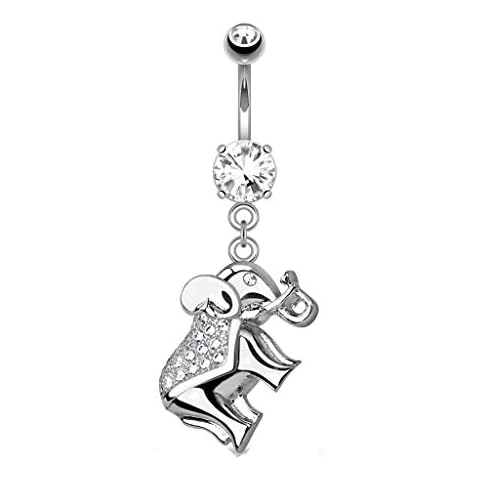 Tata Giselle Belly Bar in 316L Surgical Steel and Zirconium Oxide - Hanging Elephant and Inlaid with Clear Zirconia - 40 mm silver Cover