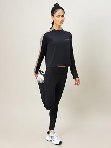 Image of TECHNOSPORT Womens Polyester Crew Neck Slim Fit Color Blocked Crop Sweatshirt Quick Dry & Antimicrobial