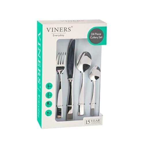 Viners Everyday Purity Cutlery Set |18/0 Stainless Steel | Set of 24 Pieces | Silver Mirror Finish | Serves 6 | Dishwasher Safe | Gift Box