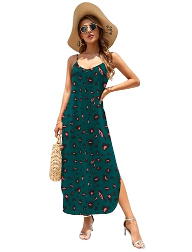 Image of HUSKARY Women's Summer Casual Sleeveless V Neck Strappy Split Loose Dress Beach Cover Up Long Cami Maxi Dresses with Pocket