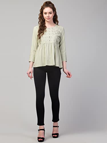 Image of FIMS - Fashion is my style Women Cotton Pleated & Gathered Embroidery Stone Full Sleeves Top Regular Fit Round Neck Tops for Girls