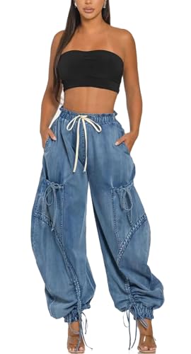 Women's Baggy Cargo Jeans Drawstring High Waist Loose Harem Wide Leg Denim Pants Joggers Sweatpants with Pockets2